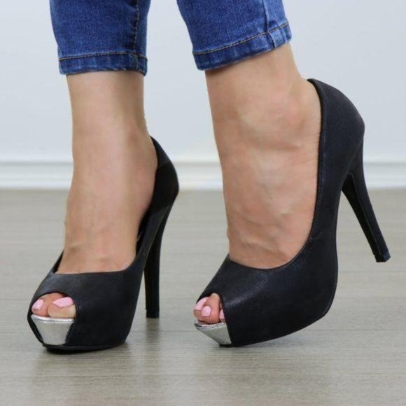 Shoes - Sexy Black Metallic Peep Toe Platform High Heels